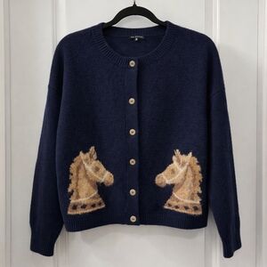 NWT Blu Pepper navy button front cardigan with horse print M